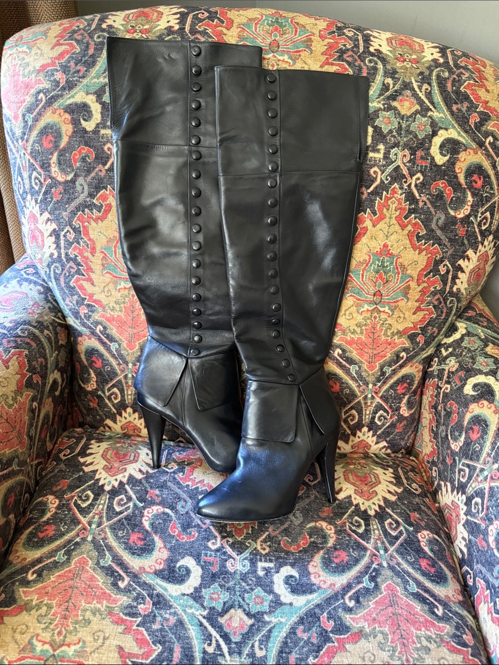 Pour La Victoire Black Over-the-Knee Button-Accent Stiletto Boots
